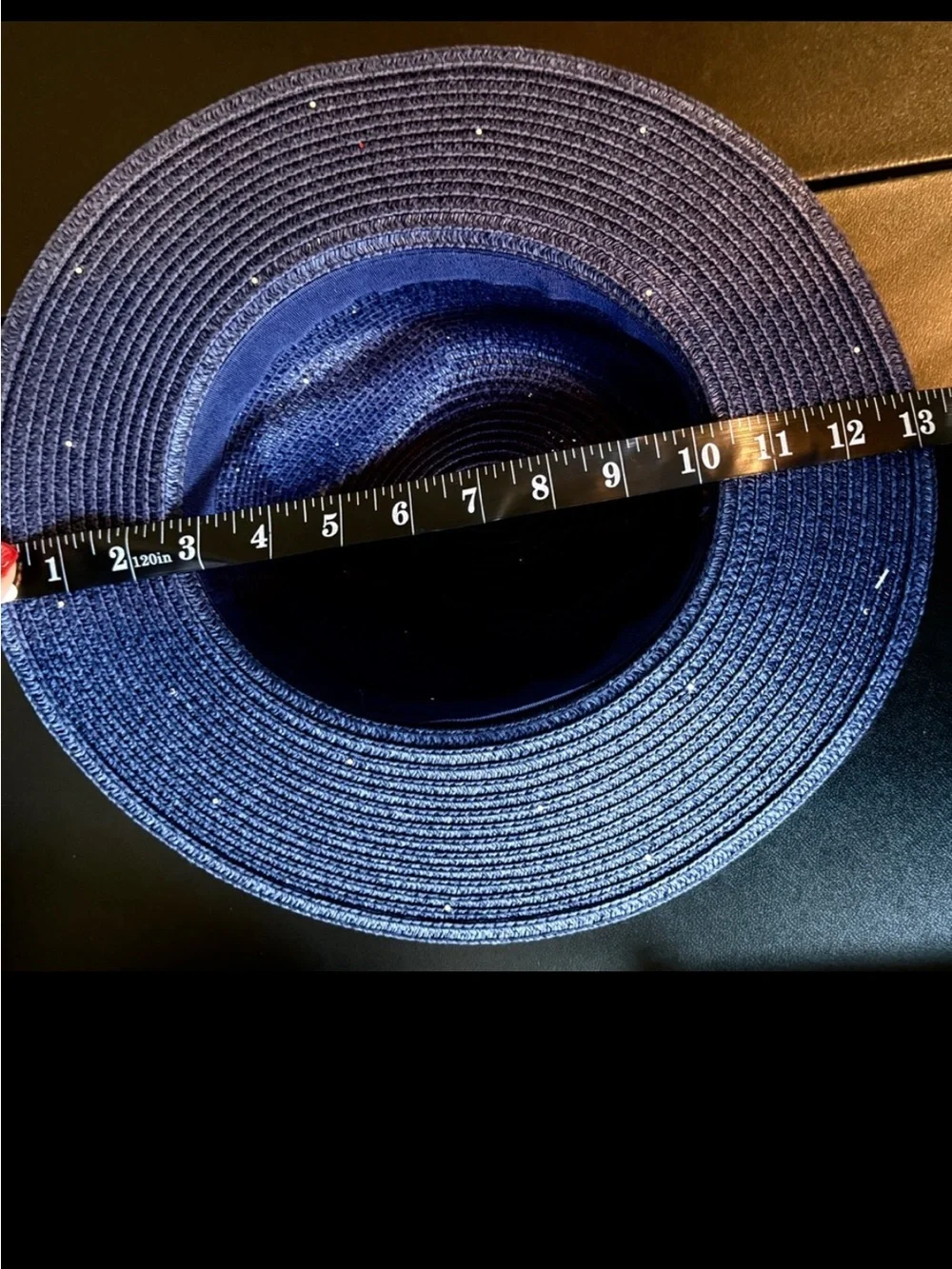 Ashley Stewart Navy Blue Pearl Studded Straw Hat Sun Glam Wide Brim NWT